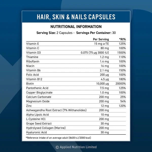 Applied Nutrition Hair , Skin &amp; Nails 60 Caps 30 Servings - OX Muscle